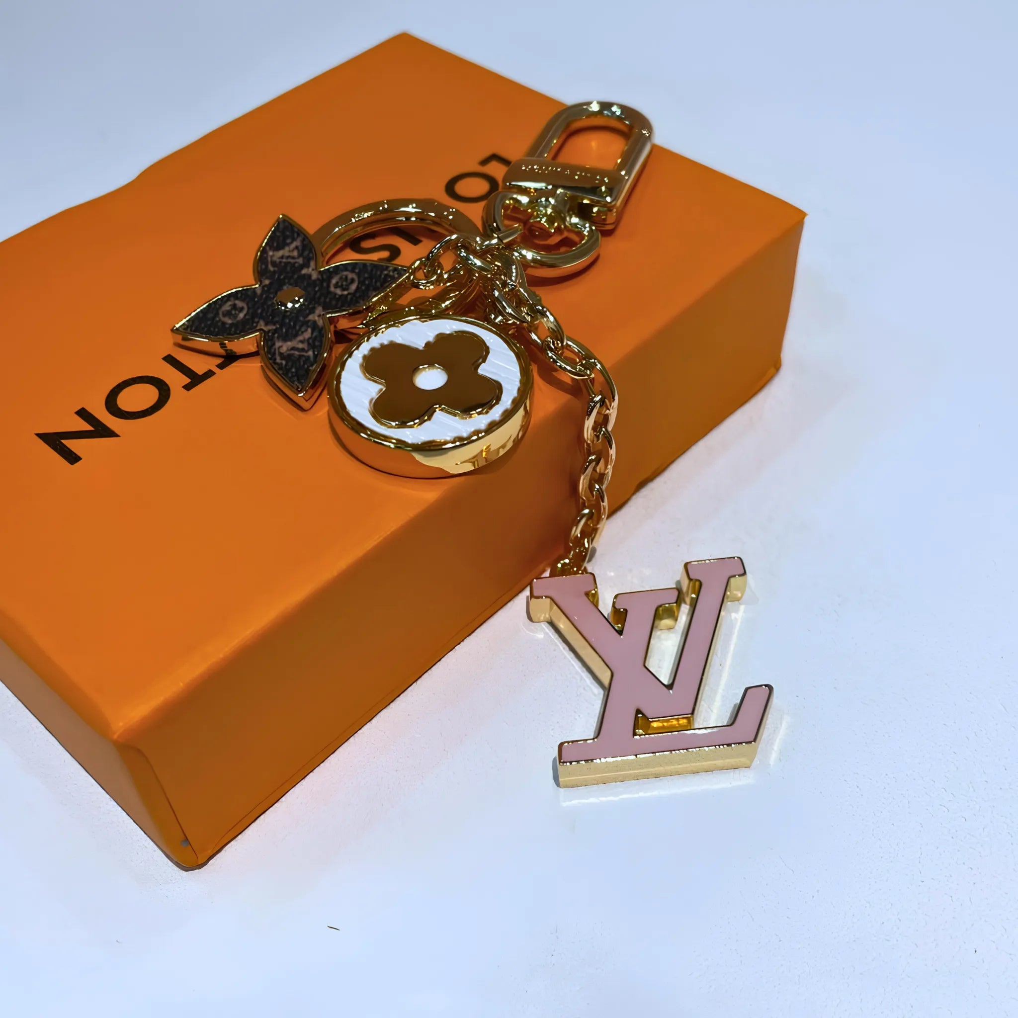 Louis Vuitton Fleur de Monogram Key Holder & Bag Charm Gold Tone Pink Enamel
