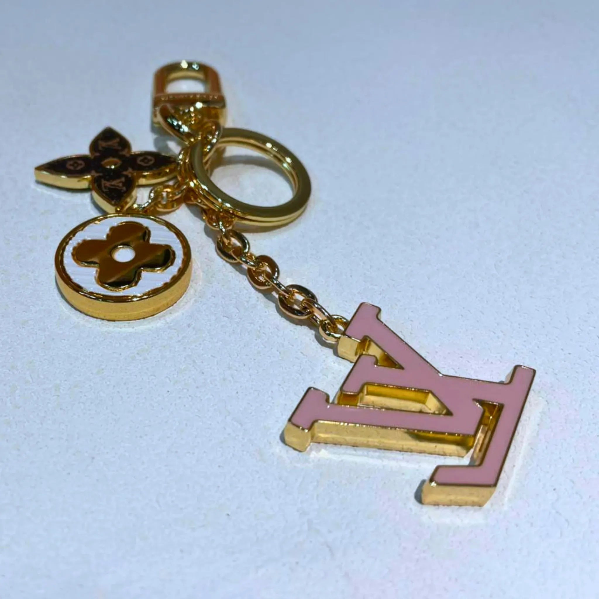 Louis Vuitton Fleur de Monogram Key Holder & Bag Charm Gold Tone Pink Enamel