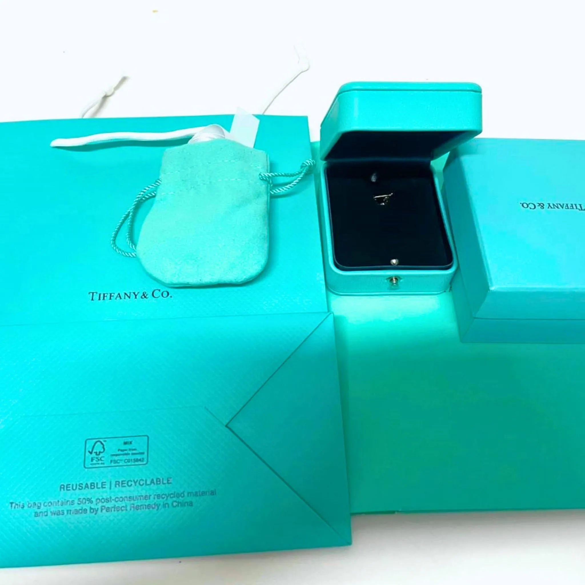 Tiffany & Co. Blue Leather Necklace Presentation Gift Box Set with Case & Shopping Bag
