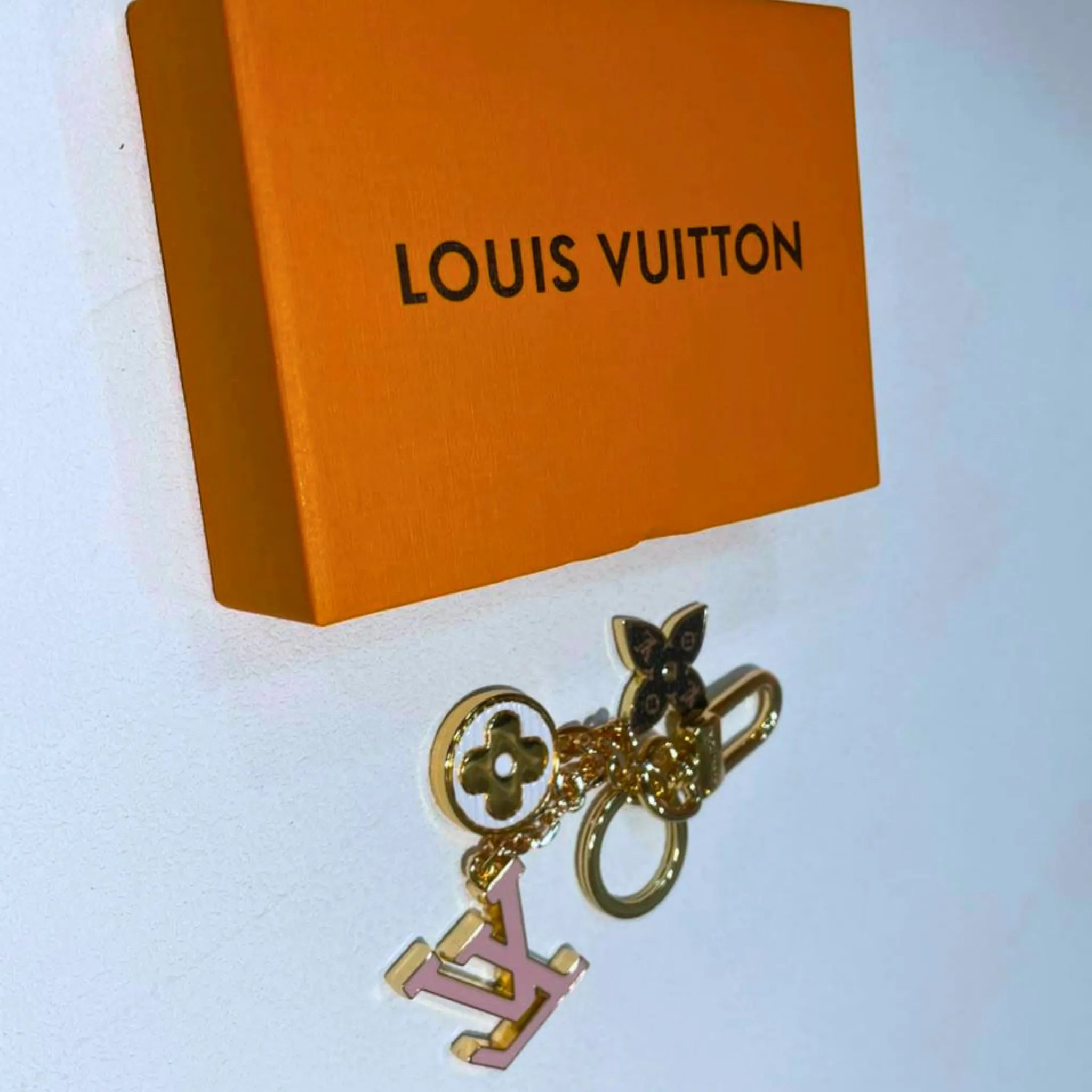 Louis Vuitton Fleur de Monogram Key Holder & Bag Charm Gold Tone Pink Enamel