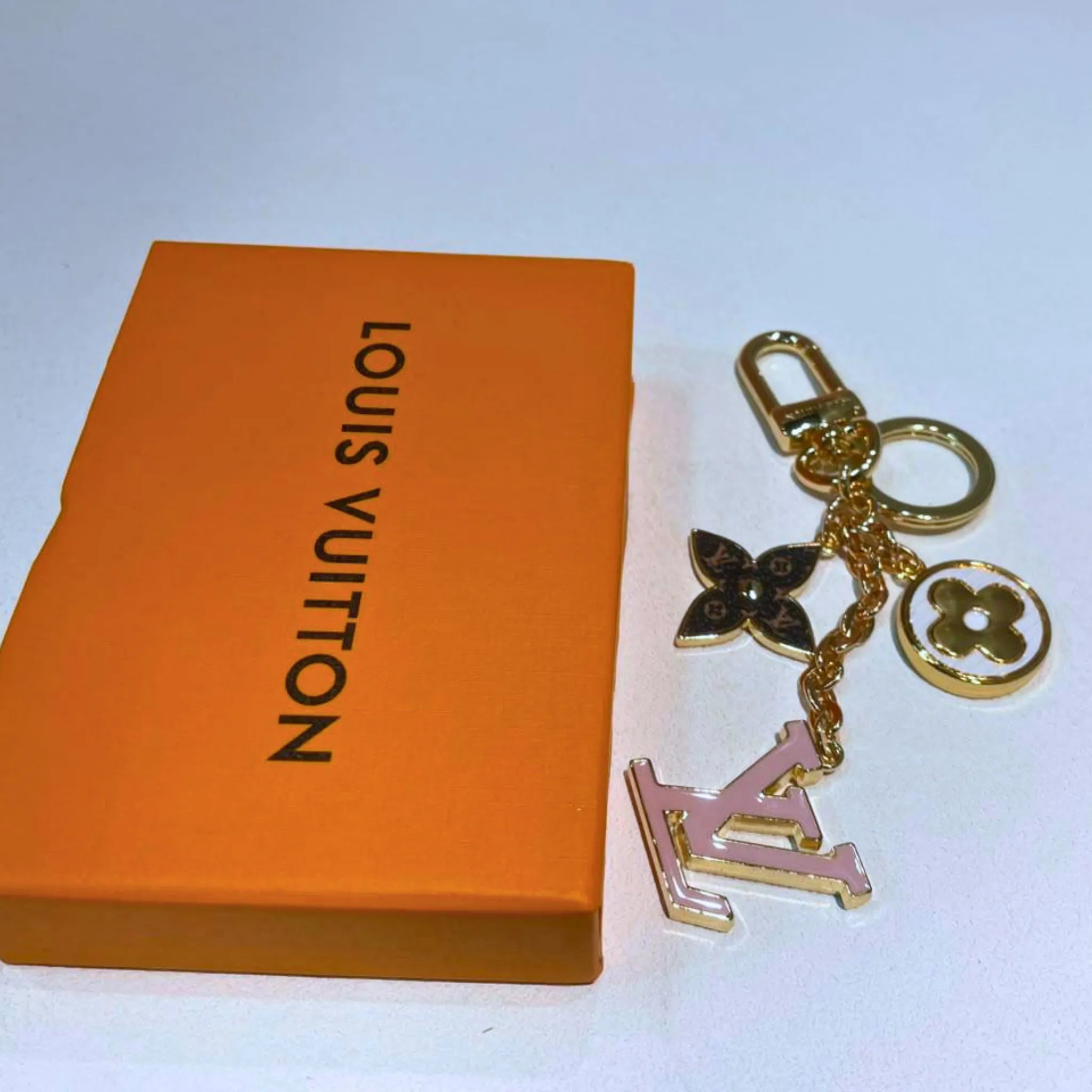 Louis Vuitton Fleur de Monogram Key Holder & Bag Charm Gold Tone Pink Enamel