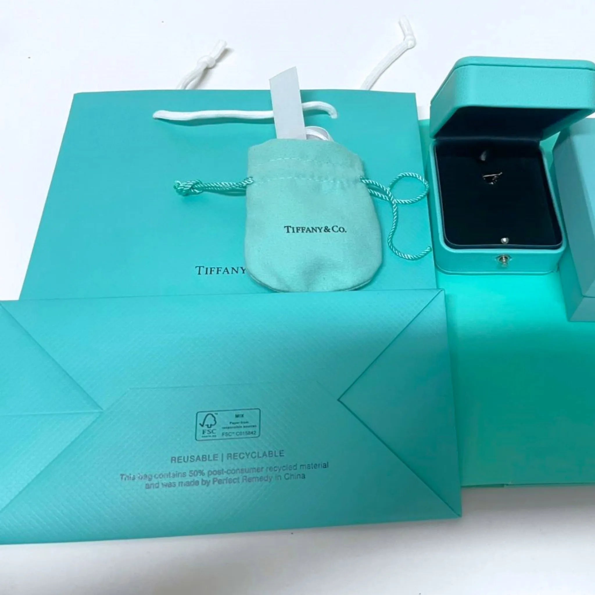 Tiffany & Co. Blue Leather Necklace Presentation Gift Box Set with Case & Shopping Bag