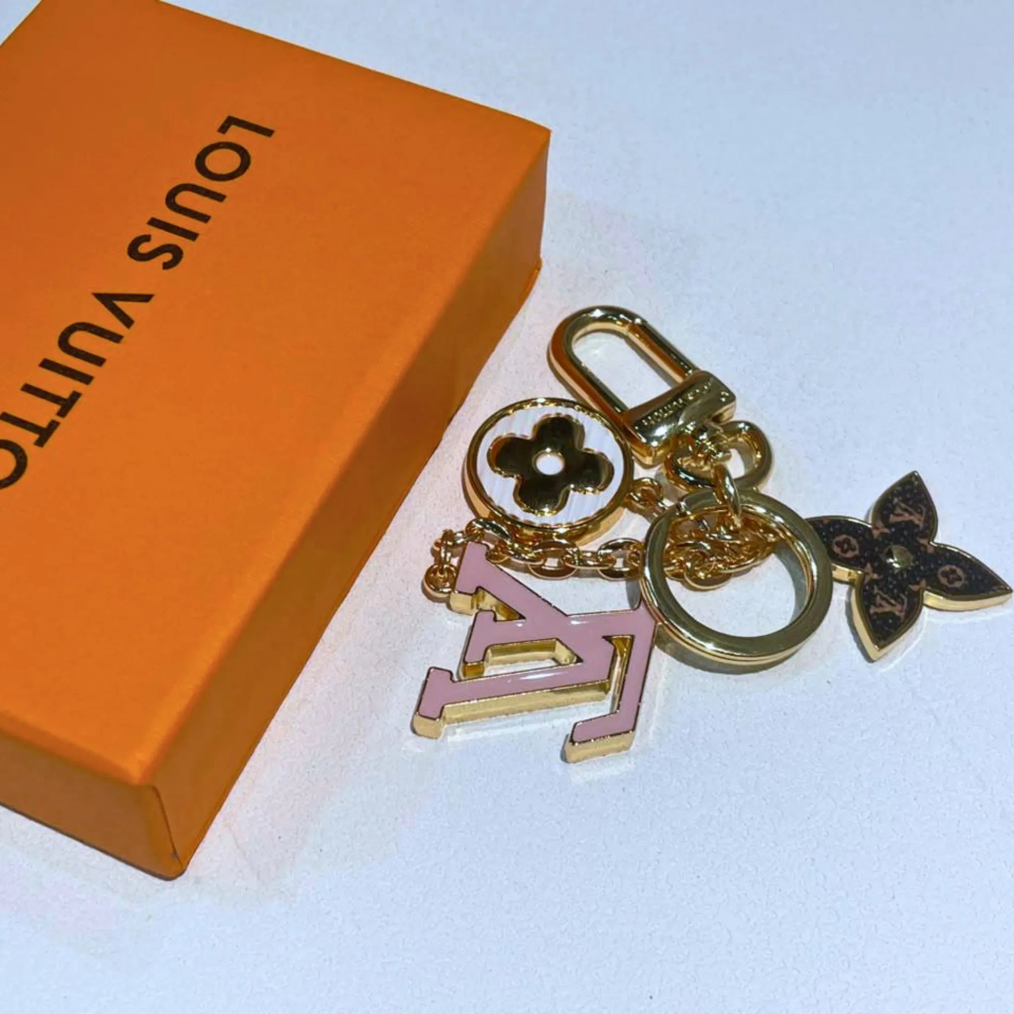 Louis Vuitton Fleur de Monogram Key Holder & Bag Charm Gold Tone Pink Enamel