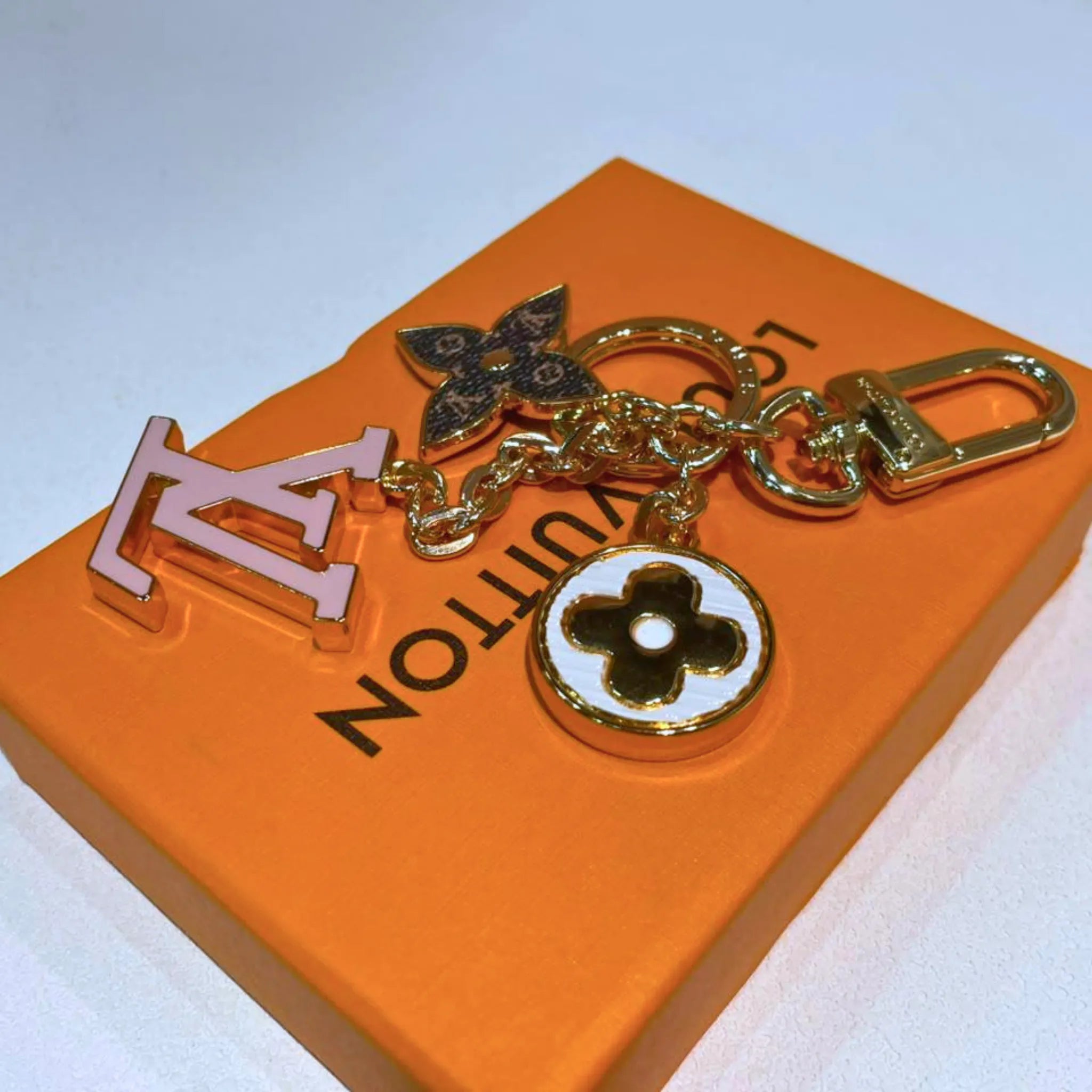 Louis Vuitton Fleur de Monogram Key Holder & Bag Charm Gold Tone Pink Enamel