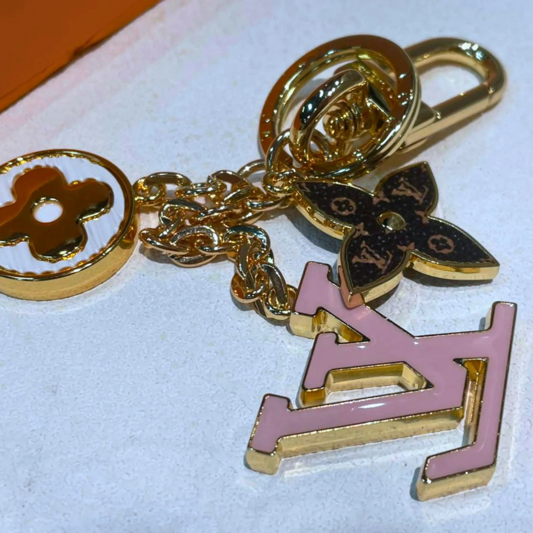 Louis Vuitton Fleur de Monogram Key Holder & Bag Charm Gold Tone Pink Enamel