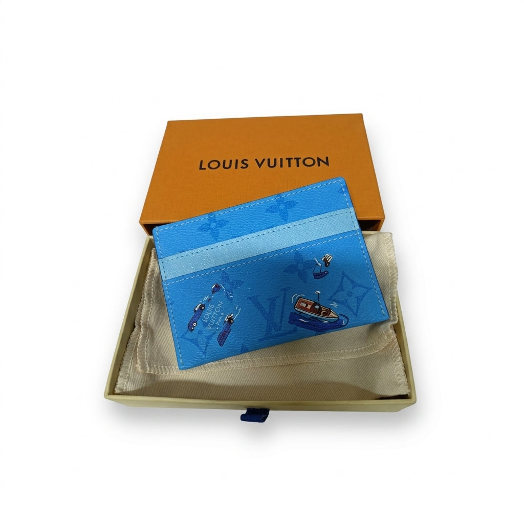 Louis Vuitton double card holder Pool Blue Colored Monogram with Box